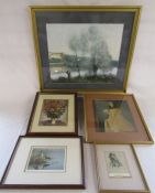 5 prints, Cecil Aldin spaniel with pheasant, Don Li-Leger Geese in spring, Baxter Bridesmaid,