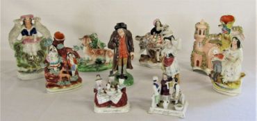 Selection of ceramic figures including Staffordshire flat backs & fairings