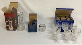 Selection of glassware including Tutbury Crystal rose bowl, Diadem glass rose vase and 6 lead