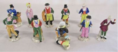 Selection of small porcelain Dickens figures each bearing a name to the base & a small gold