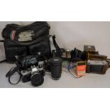 Olympus OM10 SLR camera with two other cameras, Super Paragon 35-200 zoom lens & other accessories