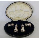 4 piece silver cruet in fitted case (1 piece missing) Birmingham 1916, maker M Beaver Manchester 7.