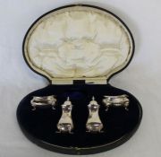 4 piece silver cruet in fitted case (1 piece missing) Birmingham 1916, maker M Beaver Manchester 7.