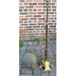 Brass barrel shaped coal scuttle with shovel, brass adjustable standard lamp with shade, brass