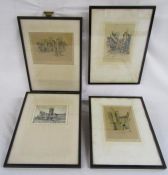 M Rudge etching Lincoln Cathedral, and 3 Marjorie C Bates prints - Beldion End, Eton - Market Place,