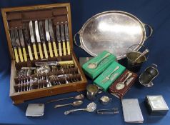 Selection of silver plate including large twin handled tray, ice bucket and tongs, christening