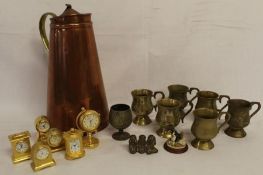 Enamel lined copper jug, collection of brass and some miniature clocks