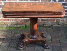 Early Victorian mahogany fold over tea table on a pedestal with claw feet. Diameter 122cm by 98cm