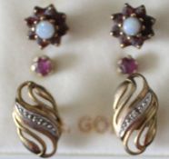 3 pairs of 9ct gold earrings set with opals, garnets & diamonds