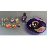 Various glass paperweights, glass vase and glass bowl