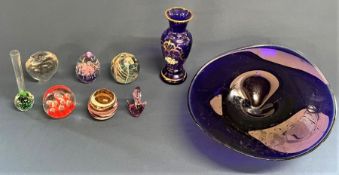 Various glass paperweights, glass vase and glass bowl