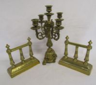 Brass candlestick 5 arm and a pair of brass fire dogs / fire iron stands