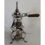 German silver plated coffee percolator with detachable whistle to lid on tripod stand with spirit