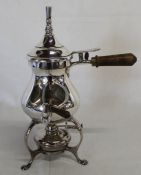 German silver plated coffee percolator with detachable whistle to lid on tripod stand with spirit