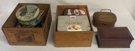 2 wooden boxes, selection of tins, wicker box and another box