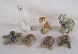 Beswick owl, USSR white stoat, Wade lidded tortoises and dish also an unmarked elephant