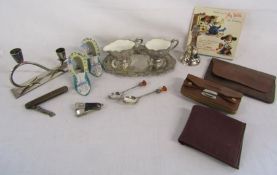 Small collection of items including silver plate, foreign ornamental shoes, leather purses etc