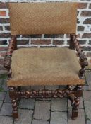 Late 19th/early 20th century open armchair with barley twist legs & arm rests with ornately carved