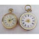 2 Gold fob watches both marked 14k - one engraved to back FMJB dia. approx 3.4cm weight 28.1g  - the