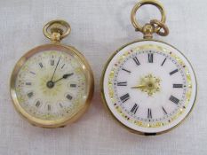 2 Gold fob watches both marked 14k - one engraved to back FMJB dia. approx 3.4cm weight 28.1g  - the