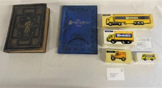 Pilgrims Progress book, The Cottager and Artisan 1889 book and 4 toy Weetabix trucks, including