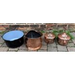 Two 19th century copper kettles, copper coal scuttle and a black enamelled jam pan