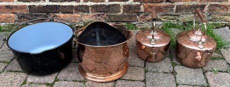 Two 19th century copper kettles, copper coal scuttle and a black enamelled jam pan