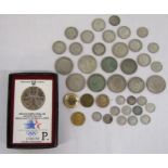 Collection of coins including 1984 Olympic Dollar .900 fine silver uncirculated, mounted coin,