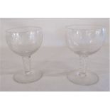 Two wine glasses with engraved decorations & spiral stems , possibly 19th century, one with chip