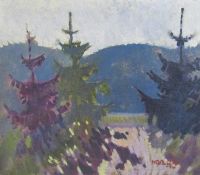 Knud Horup 1926-1973 modernist Scandinavian landscape oil on canvas - labelled on the back 'the