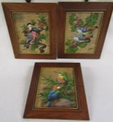 3 framed Gris bird oil paintings on leaves