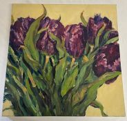 Sarah Webb purple flowers painting, 49.5 x 50 cm