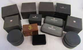 Collection of empty Tag Heuer cases a small wooden box and a cufflink box