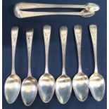 Set of 6 Georgian silver teaspoons & matched sugar nips with bright cut engraving, initialled G,
