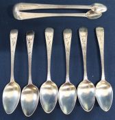 Set of 6 Georgian silver teaspoons & matched sugar nips with bright cut engraving, initialled G,