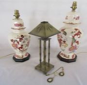 2 Masons ironstone red style table lamps and a candle holder