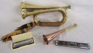 Brass bugle (worn marking), brass and copper horn, Hohner and Lark harmonica