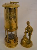 Brass miners lamp & a brass figure of a miner