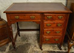 Small Victorian desk in mahogany with oak lined drawers & maroon leather skiver top L92cm D 53cm