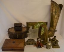 Brass ware including a fire side boot, wooden boxes, glass elephant etc