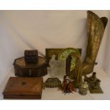 Brass ware including a fire side boot, wooden boxes, glass elephant etc