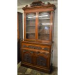 Victorian mahogany secretaire display bookcase with ornately carved lower panels & satin wood