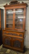 Victorian mahogany secretaire display bookcase with ornately carved lower panels & satin wood