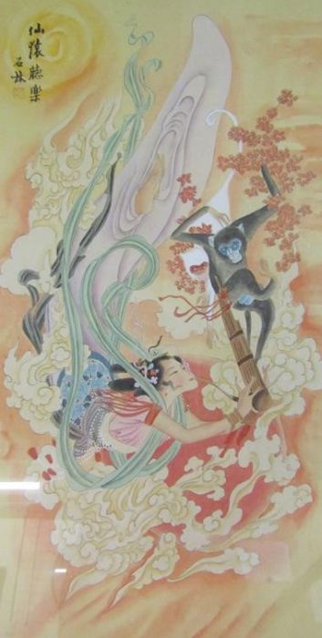 Pair of Chinese oriental pictures depicting Kuan Yin one with a baby and dragon and the other with a - Image 2 of 5