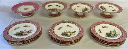 Victorian bone china plates and cake stands with pink ground borders with hand painted floral