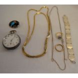 Silver pocket watch, Kingfisher brooch stamped 'silver', bracelet stamped 'silver' & costume