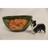 Small Moorcroft oval green dish with Hibiscus flower and a small Beswick collie dog