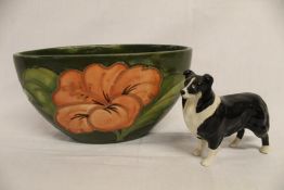 Small Moorcroft oval green dish with Hibiscus flower and a small Beswick collie dog