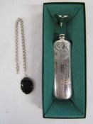 Charles Rennie Mackintosh Pewter hip flask with funnel and 1992 Birmingham silver chain and Blue