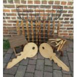 Collection of items including wine racks, small wooden fold up stool/tables, bamboo wind chime,